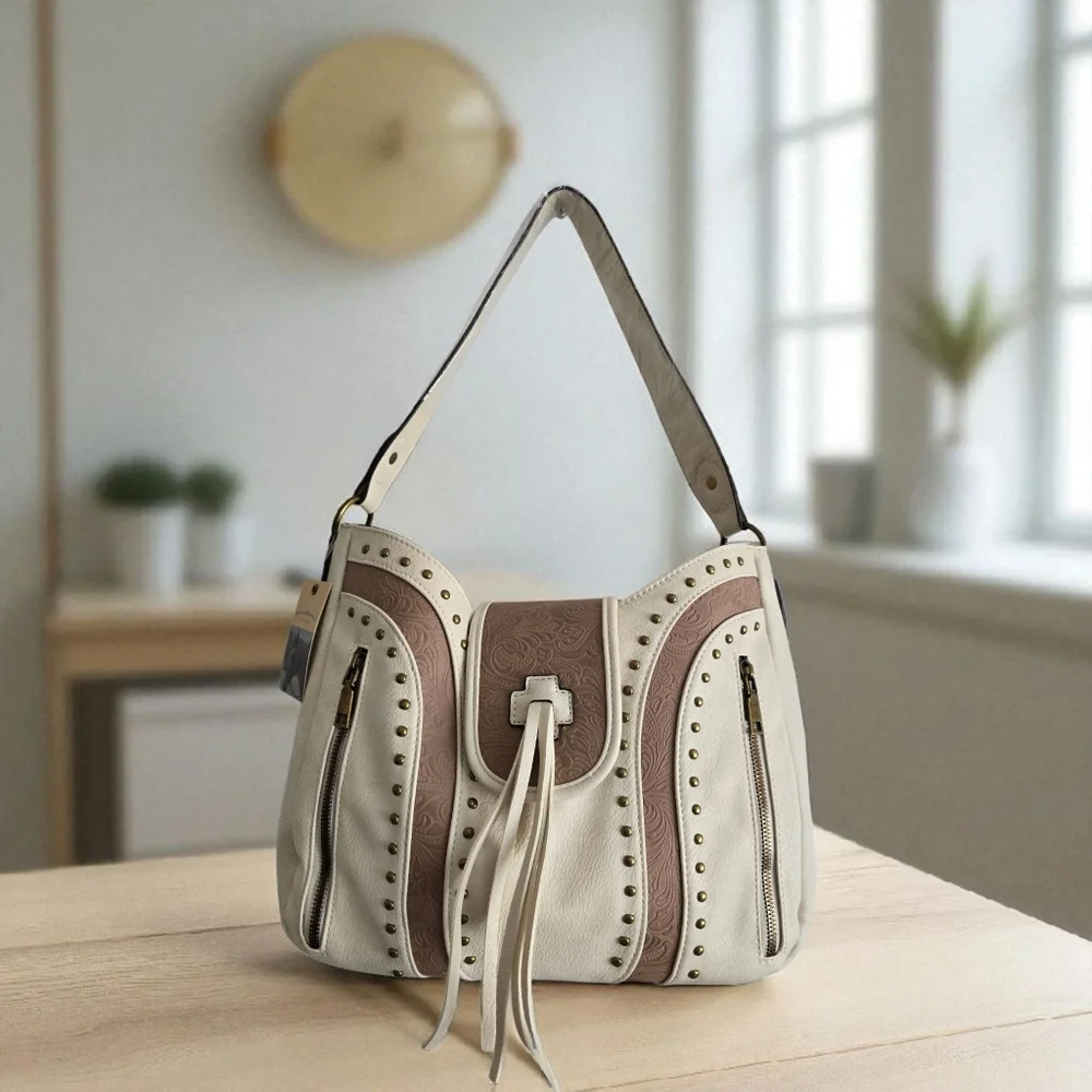 Western‎ Style Embossed Ivory/Tan Shoulder Bag